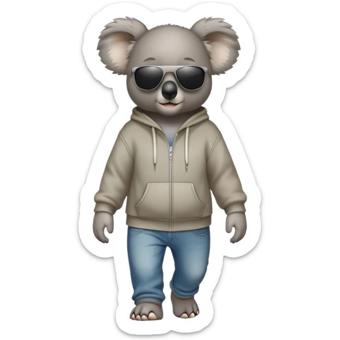 anthropomorphised koala full body wearing a hoodie and jeans dark sunglasses walking sticker