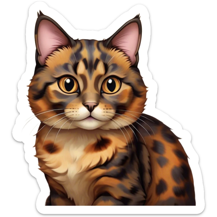 Cinematic Cute Tortoiseshell Cat Portrait Emoji, Head cocked sweetly with bright, curious eyes and a cuddly, mottled fur of rich browns and blacks, simplified yet charmingly adorable, highly detailed, glowing with a warm, gentle radiance, high shine, playful and endearing, styled with a dash of whimsical feline magic, soft glowing outline, capturing the essence of a cute tortoiseshell cat that seems ready to pounce with affectionate mischief! sticker