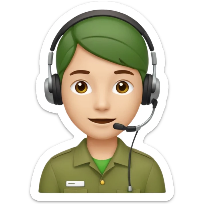 Modern flat emoji of a call center employee in a green uniform with a headset, friendly expression, minimalist design, bright colors, white or transparent background. sticker