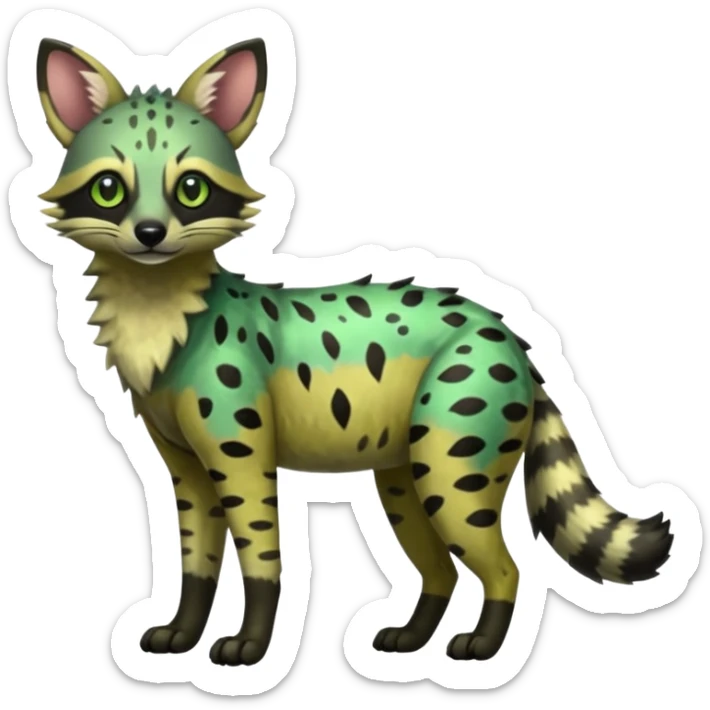 Shiny Green Colorful Dusky Dark Gloomy Glossy Aardwolf-Genet-Bobcat-fusion-animal-hybrid-creature, full body sticker