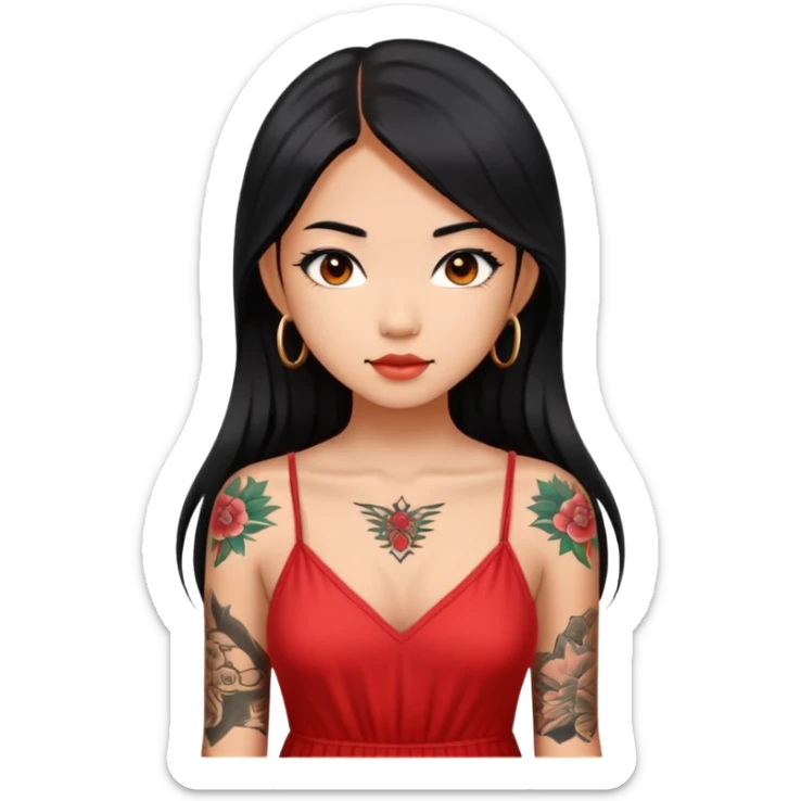Beautiful Asian girl with long black hair and body tattoos wearing a red sundress sticker