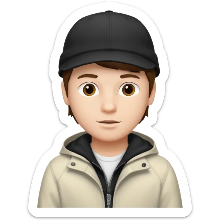 Créame a un chico blanco con gorra negra con el pelo castaño y qué tenga una chaqueta blanca sticker