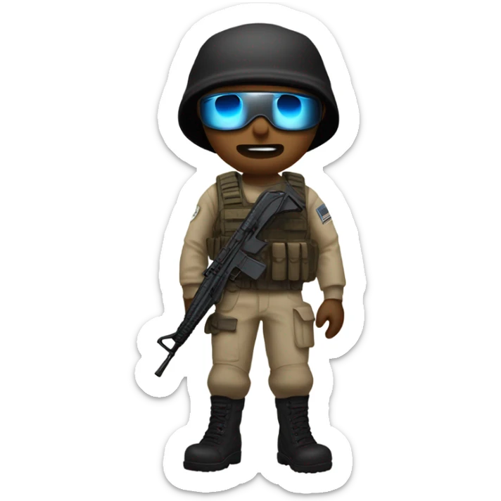 White male, call of duty mask, tan tactical gear, tan pants, combat boots, black beanie, blue eyes sticker