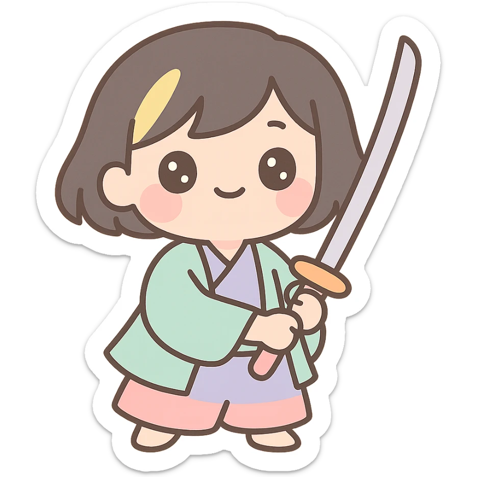kawaii samurai girl with short hair and one streak of blonde in her hair, cute expression, holding a katana, pastel colors, soft shading sticker