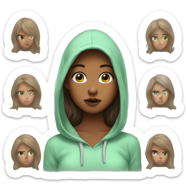 Brown haired girl, brown skin, mint green hoodie, Long lashes, with a confused look on face sticker