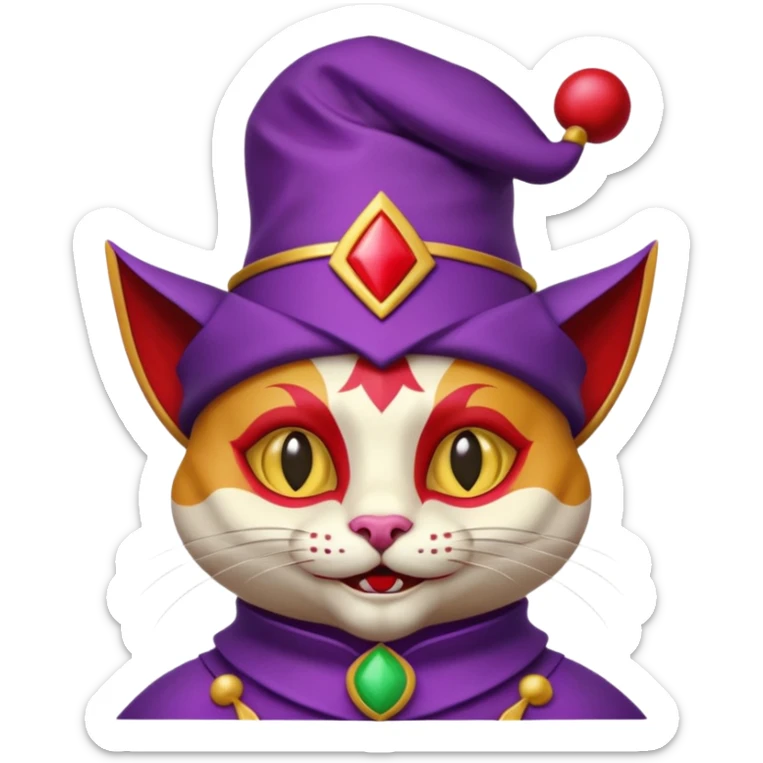 crazy colorful cute little cat jolly joker from poker, medieval, vintage, court jester, mac os icon, purple, gold and red color, half body. Squared shape as 3D mac os icon, skeuomorphic sticker
