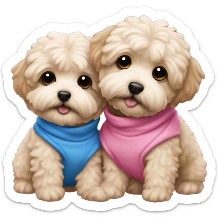 2 maltipoo dogs hugging, one wearing a pink sweatshirt and the other wearing a blue one sticker