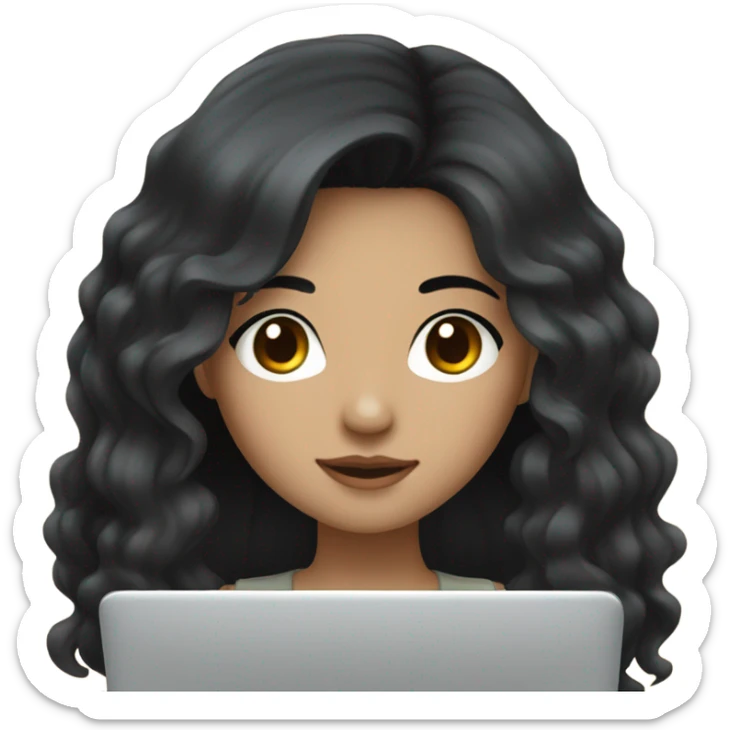 Beautiful girl,Black hair,wavy hair，long hair,Black eyes,Chinese, typing on laptop  sticker