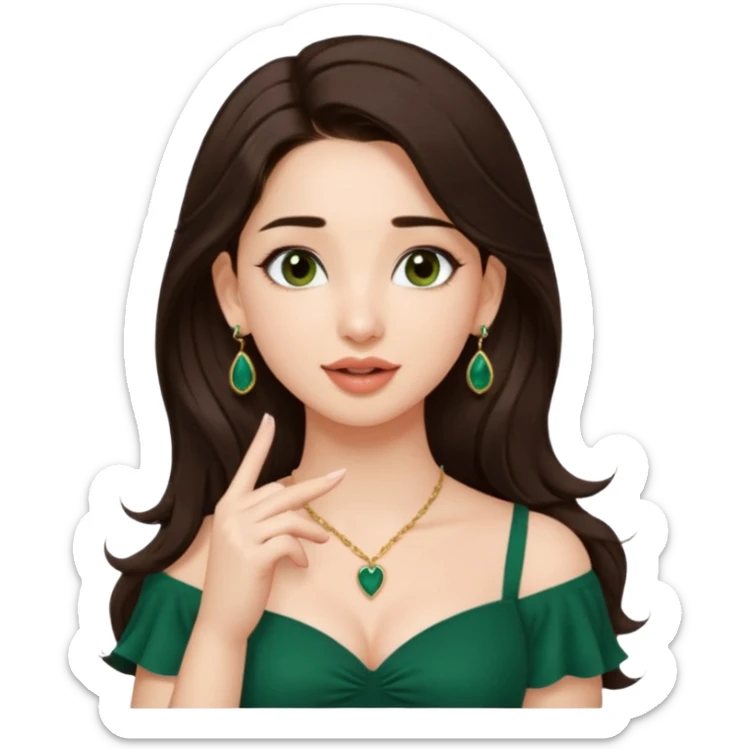 pretty bratz genmoji that, wearing a dark green sweetheart neckline top, dark brown hair, light makeup, no necklace, dangly earrings, SIDE hair part, fair. dark brown eyes, long hair
SHe should look like tamannaah bhatia - bollywood actress
Show her licking her finger  sticker