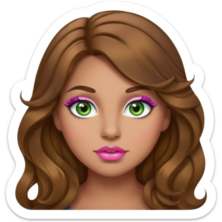 Girl girl long wavy brown hair, green/blue/gold eyes, plus size, thick eyelashes, tan skin, pink lips sticker