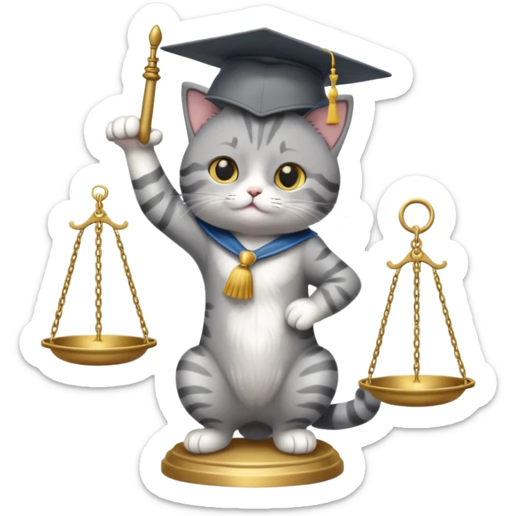 cat wearing a graduation cap, balancing the scales of justice on the tip of its tail sticker