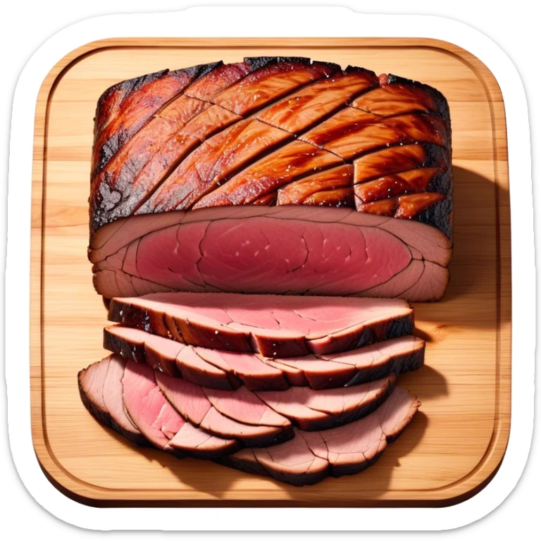 Cinematic smoked brisket, deep mahogany crust, perfectly sliced to reveal juicy marbled meat, warm smoky aroma, served on a wooden board, rich and flavorful, ultra-detailed and appetizing. sticker
