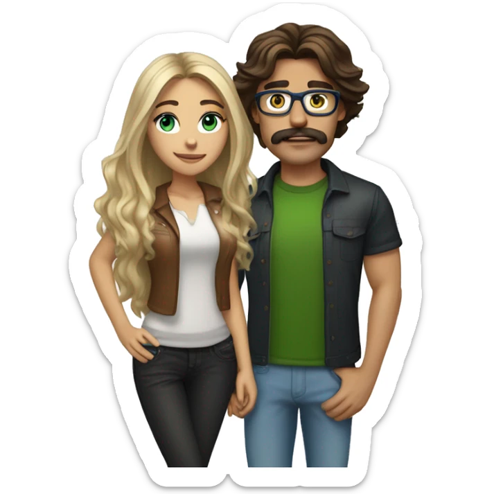 (brunette, brown eyed, madison beer) standing next to (handsome long hair blonde man, mustache, blue/green eyes, brown glasses) sticker