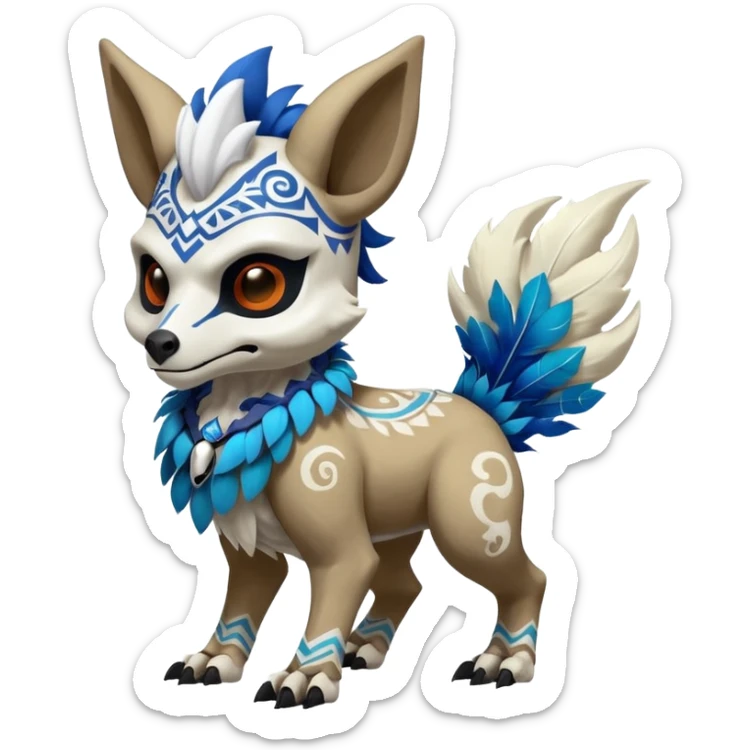 Furry cute colorful exotic tribal feral anime-styled duskull-Cubone-Fakémon-Pokémon-animal-creature with a white wolf-skull-head-mask-face, and blue feathers around neck, with long furry ears, long furry tail, 4 legs, (full body), with intricate pattern-markings sticker