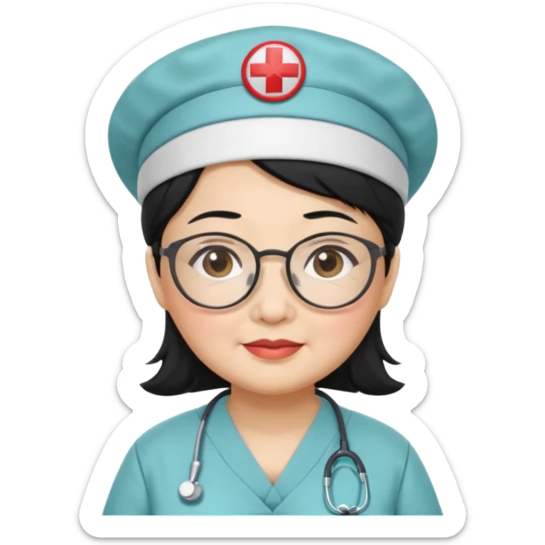 OLD ASIAN WOMAN WITH GLASSES, NURSE SCRUBS, CAP, BLACK HAIR, CHUBBY sticker