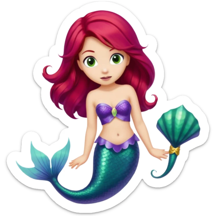 Ariel from Disney's The Little Mermaid, looking curious, with red hair, purple seashell top, and green mermaid tail, apple-style emoji art sticker