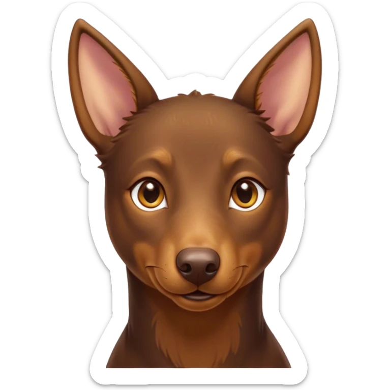 Cinematic Cute Brown and Tan Kelpie Portrait Emoji, Head tilted playfully and inquisitively, featuring a glossy brown Fur with vibrant tan accents, round, sparkling warm eyes filled with curiosity, Simplified yet irresistibly adorable features, highly detailed, glowing with a warm, friendly glow, high shine, affectionate and spirited, stylized with a touch of whimsy, bright and endearing, soft glowing outline, capturing the essence of a mischievous yet loving herder, so playful it feels like it could leap out of the screen and into your arms! sticker