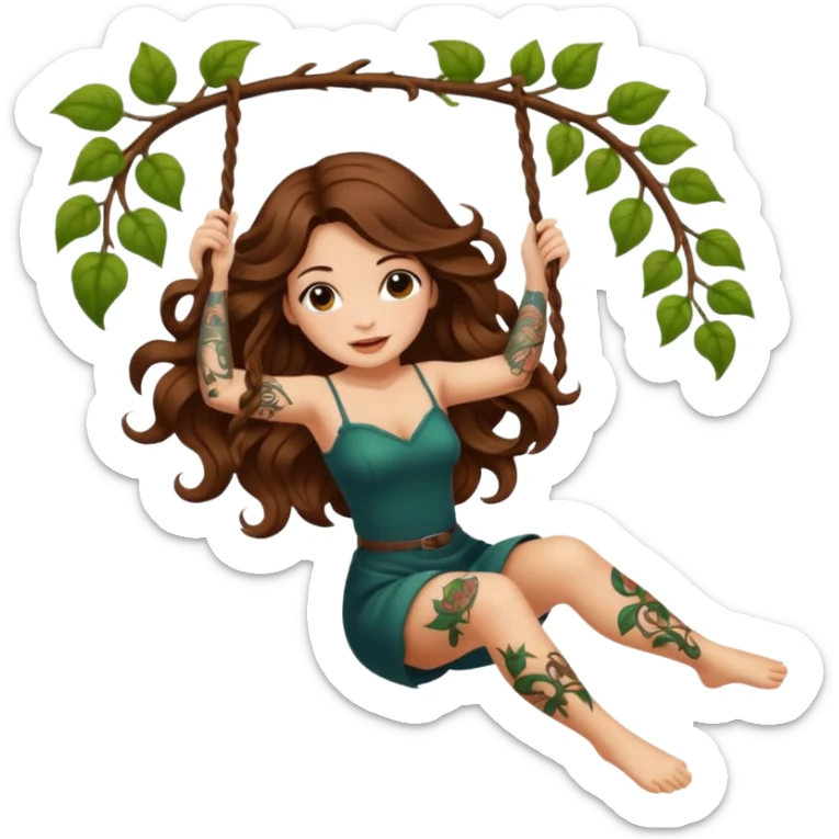 ccute woman long wavy brown hair tattoos swinging on vine sticker