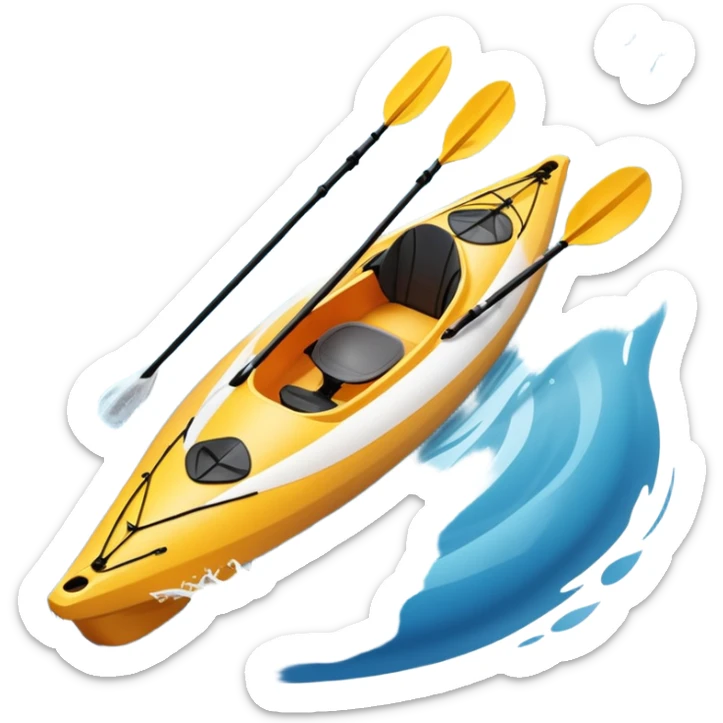 An icon showing a close-up of a sleek kayak with double-bladed paddles gliding through water. Splashes surround the boat as it cuts across a calm surface, symbolizing speed and focus. Transparent background emphasizes the dynamic and personal nature of kayak paddling. sticker