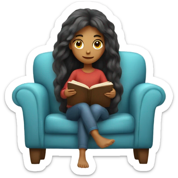 long hair girl reading a book in cozy chair  sticker