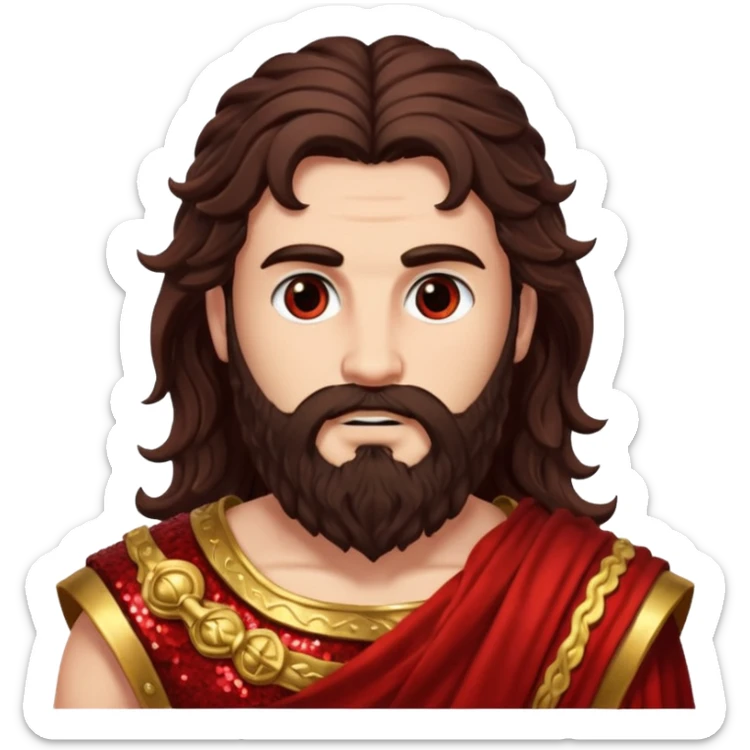 Mars, God of War from Roman Deities with long dark brown wavy hair and beard, deep red sequin toga sticker
