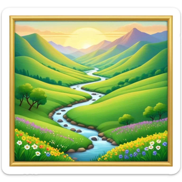 Cinematic Realistic Valley Emoji, Lush and serene, with gently sloping hills surrounding a vibrant green valley filled with wildflowers and a small stream. The soft, golden sunlight filters through the valley, casting peaceful, warm shadows across the landscape. Soft glowing outline, capturing the essence of natural peace and gentle beauty in a sprawling valley. sticker