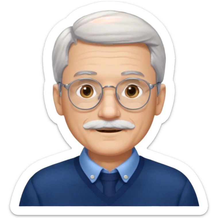 Style anchor + Senior male American, light skin, gray hair, silver round glasses, neat white mustache, navy sweater over blue collared shirt, calm. sticker