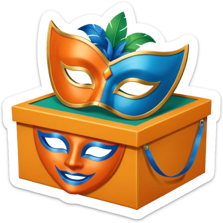 a box and a carnival mask in orange, blue and green on top of it , trying to make a carnival pack sticker