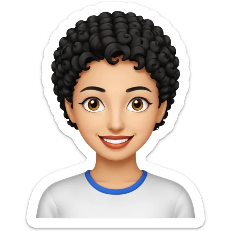 30 year old iranian woman very short curly black hair, big brown eyes, tanned skin, big smile, white teeth, pretty, stylish, shorter hair, boy cut hair sticker