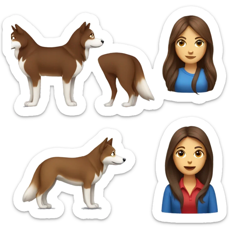 Long Brown hair woman sitting with a red husky with blue eyes sticker