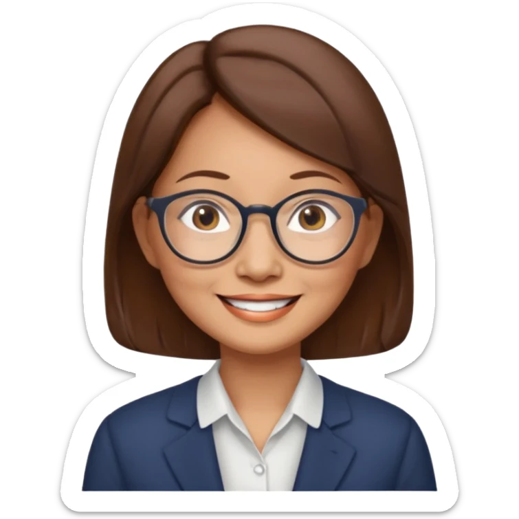 asian female accountant with eyeglasses, round face, brown hair, no tie, 63 years old sticker