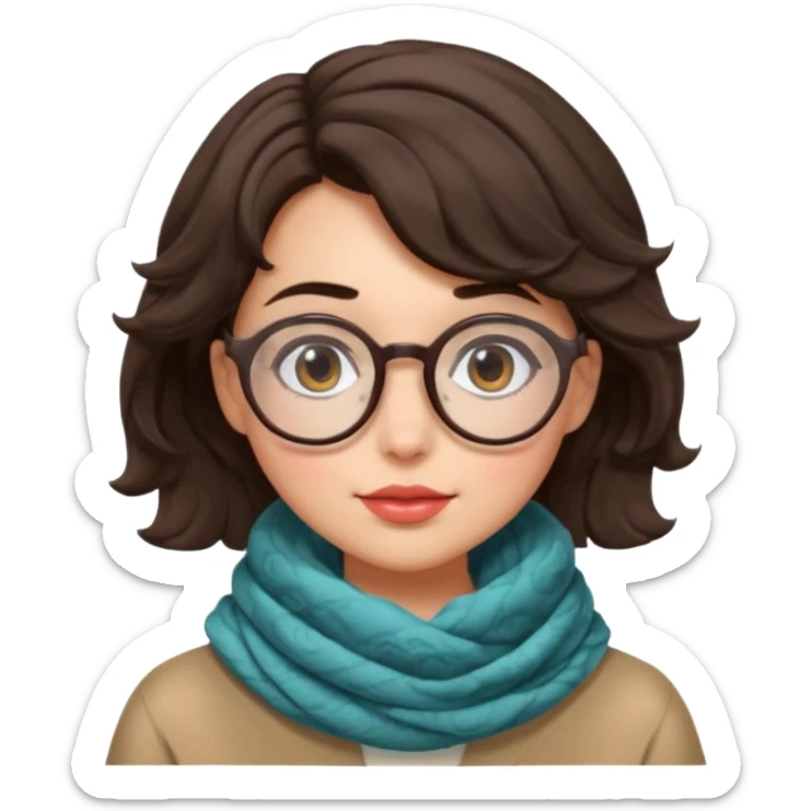 A shy brunette hair wavy short hair woman with big round glasses and thick scarf, blushing from the cold. sticker