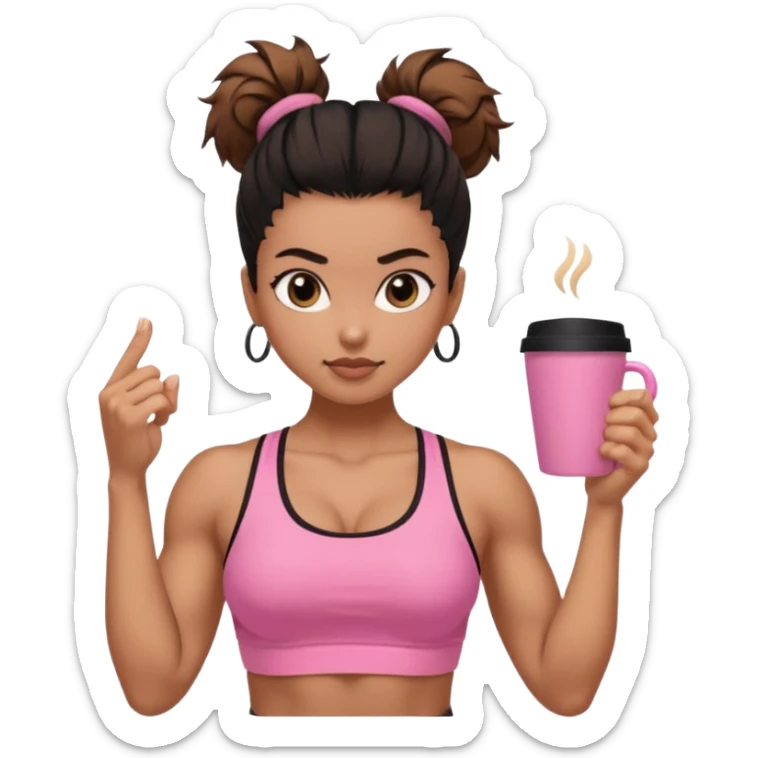 Caramel skinned toned female with a black messy bun for hair. Her eyes are a coffee color brown and almond shaped. She’s wearing a pink sports bra and showing off her flexed muscular toned biceps. sticker