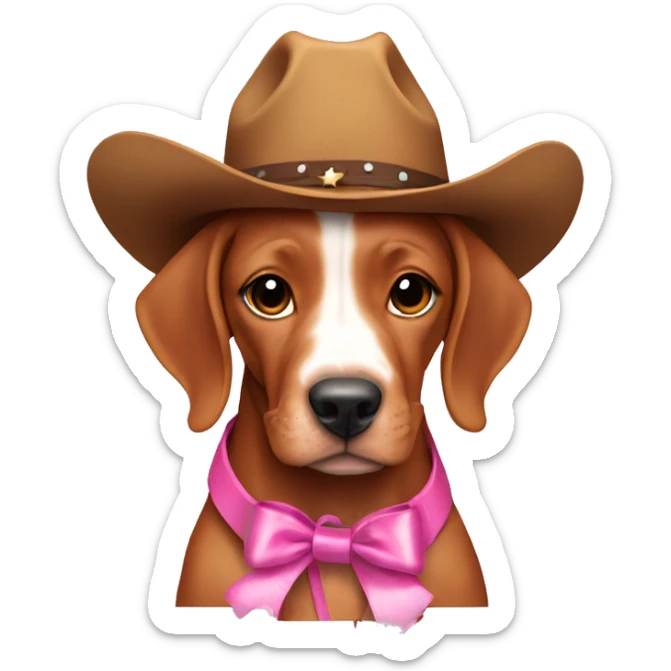 A female vizla puppy with a pink ribbon around her neck and cowboy boots on sticker