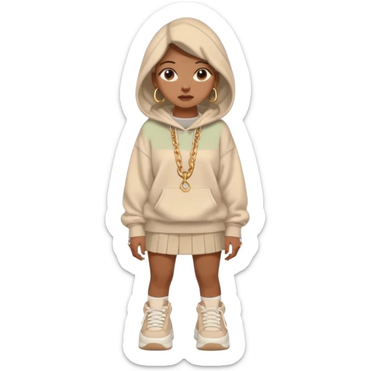 think oversized hoodie over a mini skirt, chunky sneakers grounding the look, and maybe a few layered necklaces or rings to flex a little personality. Sometimes she goes edgy with a leather jacket and ripped jeans, other times soft with flowy dresses or pastel cardigans. sticker