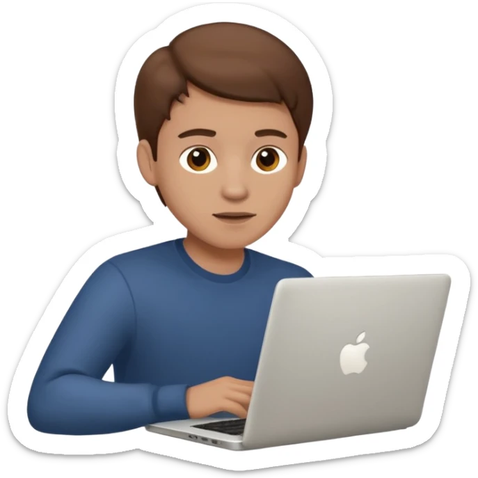 memoji of a man with a laptop in front, apple-style,modern,brown hair light skin ton and natural emotion, working sticker