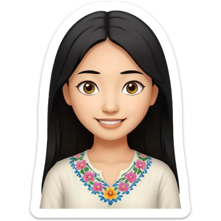 30 yr old asian woman center parted hair big eyes big smile tanned skin straight black hair hippie part hair white blouse sticker