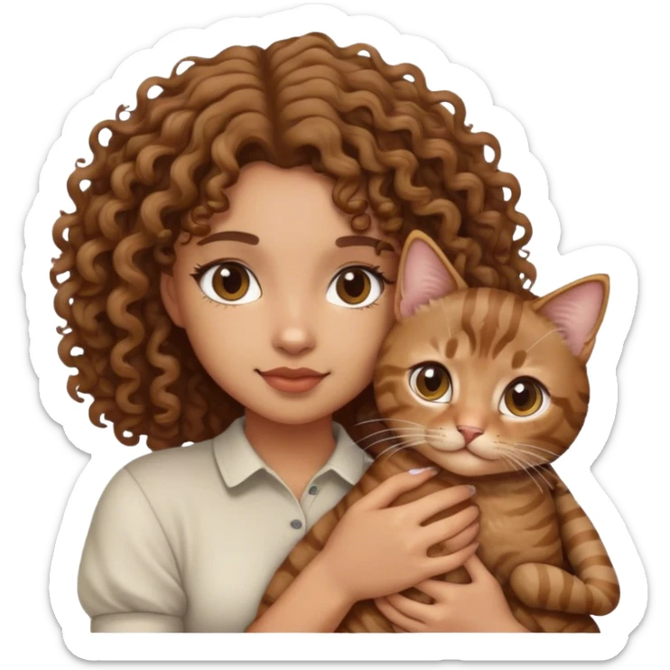 Light skin girl with curly hair holding a brown tabby cat  sticker