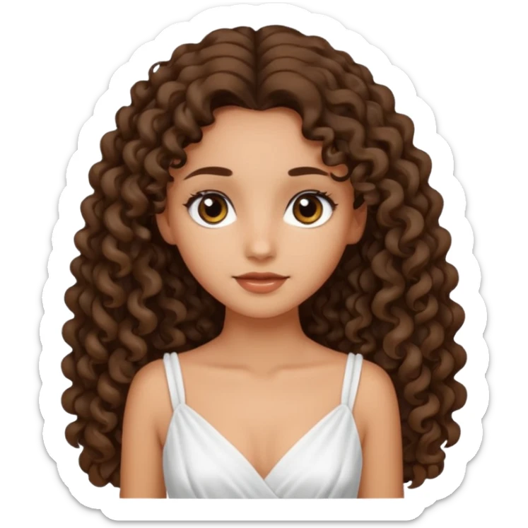 Light tanned skin girl with dark brown very long curly hair, dark eyes, white dress  sticker