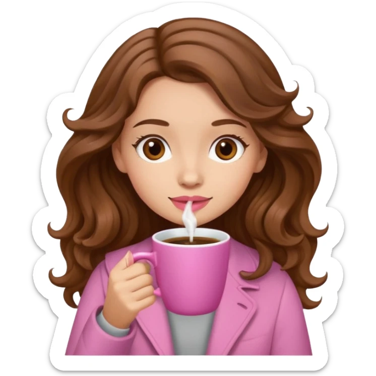 light-skinned girl with wavy brown hair drinking coffee from a pink cup emoji sticker