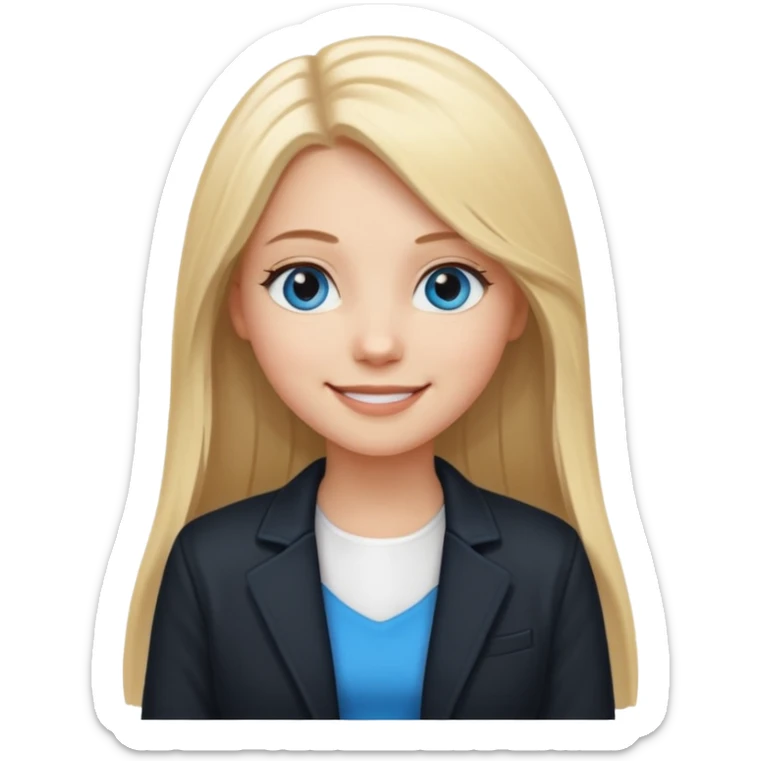 A white girl with long straight blonde hair, blue eyes and a white dress with a smiling black jacket sticker