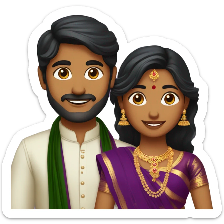 south indian girl with hair wearing dark green saree marrying south indian guy with straight hair and wearing dhoti in purple sticker