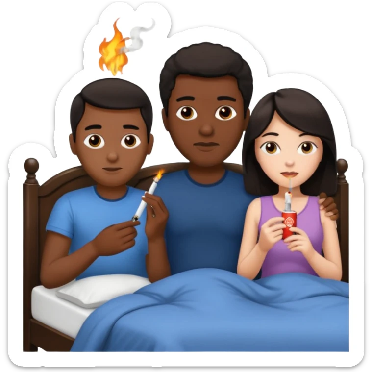 Black guy, white Girl with dark hair, and white guy with dark hair in a bed and girl in the middle with a cigarette  sticker