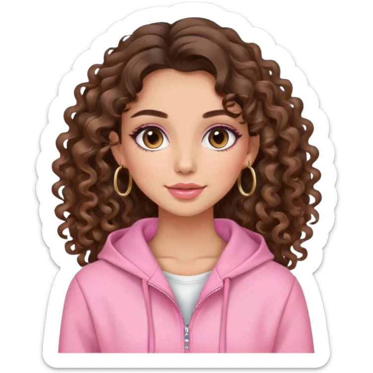 cute balayage brunette long hair curly/wavy haired girl, hoop earrings, clean girl makeup DOING SHOPPING WITH PINK CLOTHES ON sticker