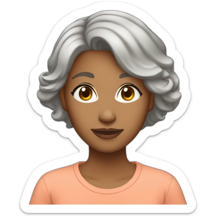 Brown woman short grey hair brown eyes with a salmon color T-shirt sticker