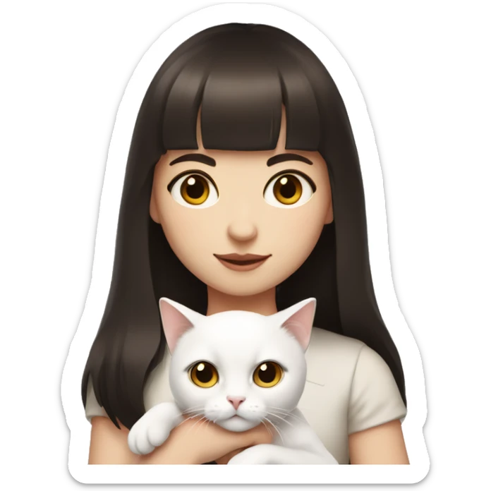 A pale girl with dark brown hair and dark brown eyes and bangs holds a white cat in her hands sticker