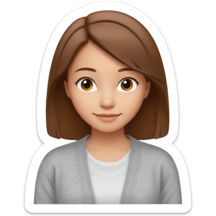 The girl has straight medium-length brown hair, light skin, wearing a white t-shirt and gray cardigan. Gentle smile, friendly neutral expression sticker