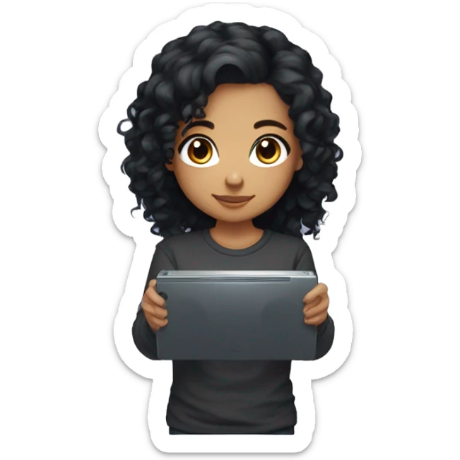 Gamer girl holding console with long sleeve top black hair black brown eyes curly hair looking straight sticker