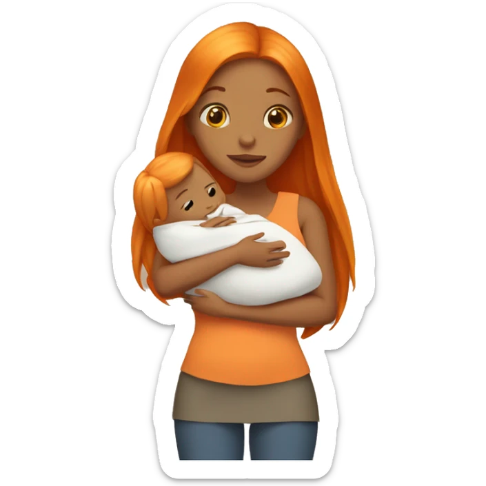 Tan girl with long orange hair holding newborn baby in arms sticker