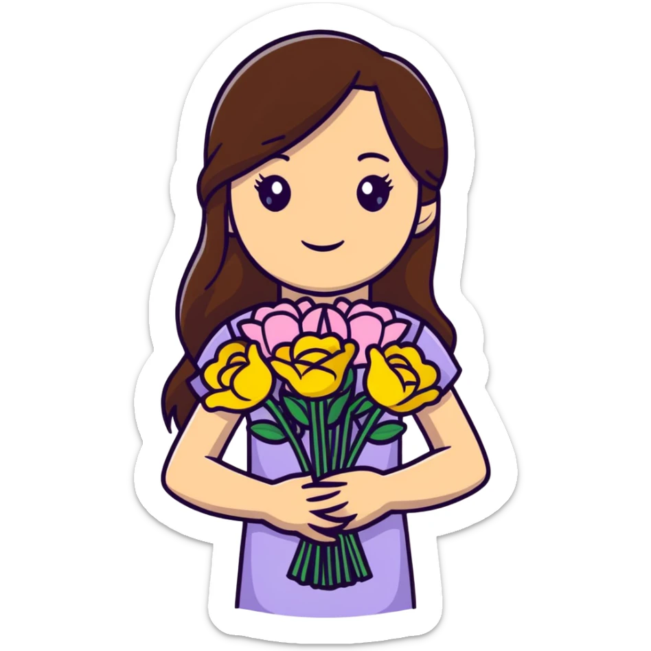 Cool girl with long brown hair and fair skin holding a bouquet of flowers sticker